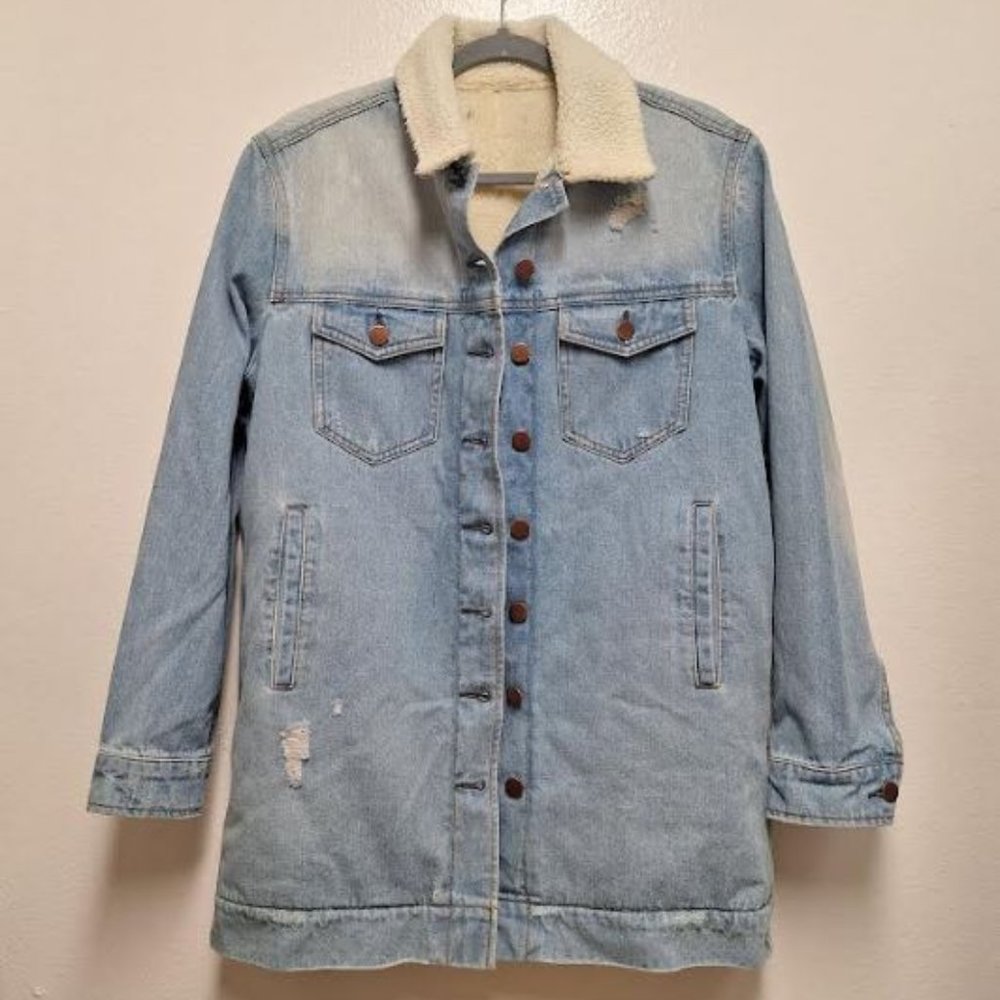 Woman  Denim Long Jacket W/ Sherpa lining , Size S, Sample Sale